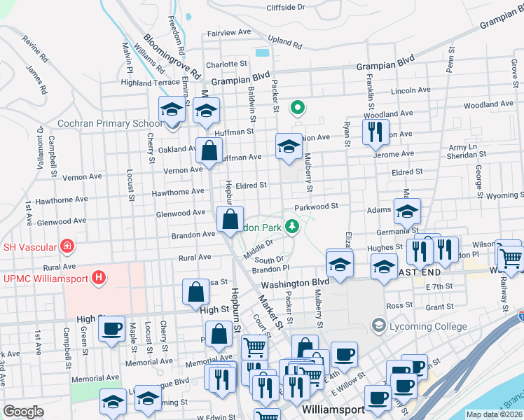 map of restaurants, bars, coffee shops, grocery stores, and more near 1000 Baldwin Street in Williamsport