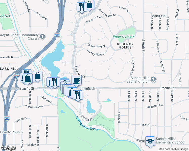map of restaurants, bars, coffee shops, grocery stores, and more near 9936 Fieldcrest Drive in Omaha