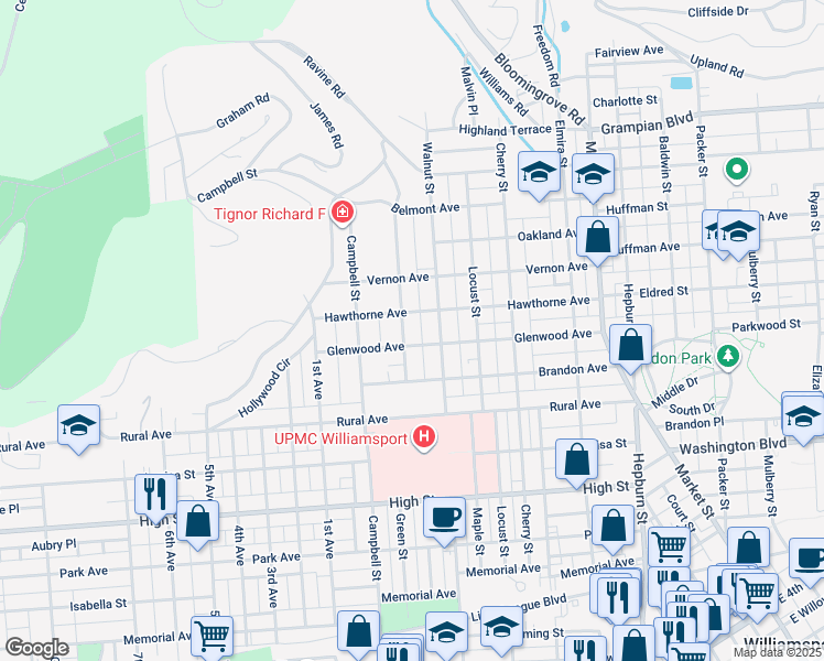 map of restaurants, bars, coffee shops, grocery stores, and more near 722 Glenwood Avenue in Williamsport