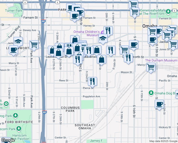 map of restaurants, bars, coffee shops, grocery stores, and more near 1018 South 23rd Street in Omaha