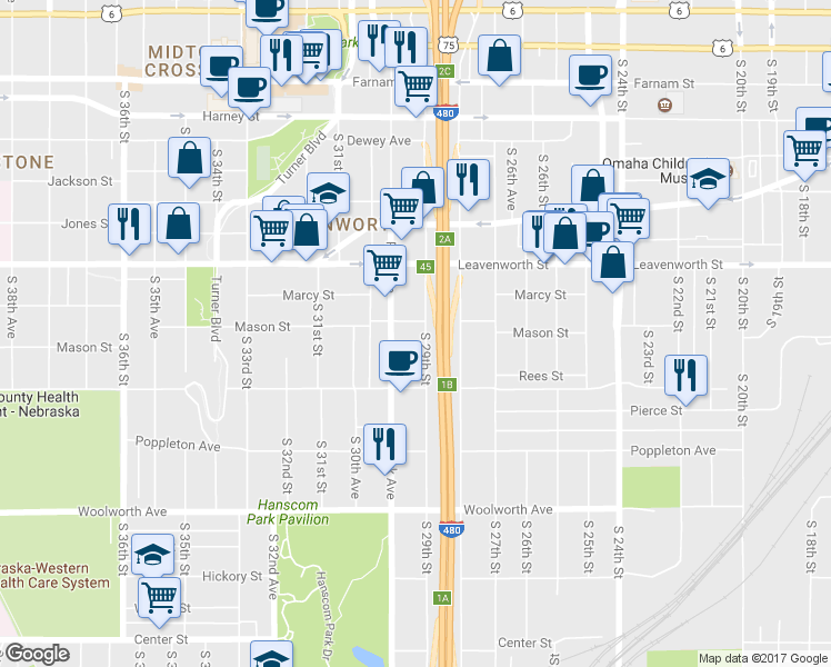 map of restaurants, bars, coffee shops, grocery stores, and more near 1022 South 29th Street in Omaha