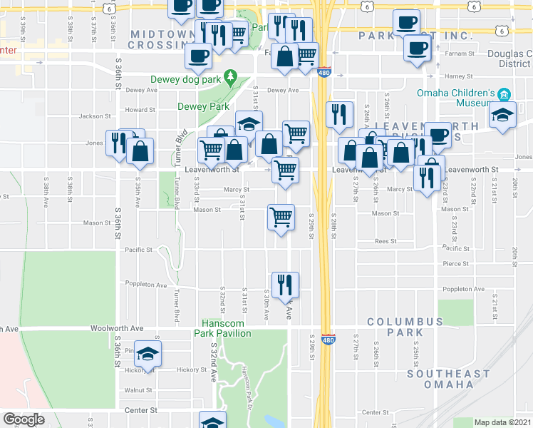 map of restaurants, bars, coffee shops, grocery stores, and more near in Omaha