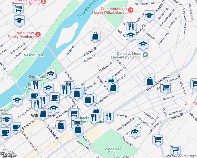 map of restaurants, bars, coffee shops, grocery stores, and more near 17 Beaumont Street in Wilkes-Barre