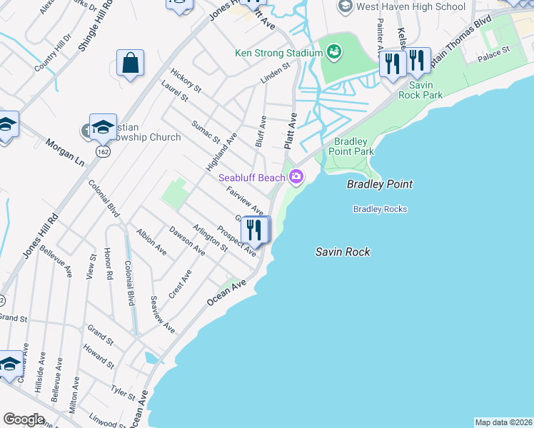map of restaurants, bars, coffee shops, grocery stores, and more near in West Haven
