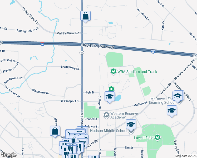 map of restaurants, bars, coffee shops, grocery stores, and more near 250 College Street in Hudson