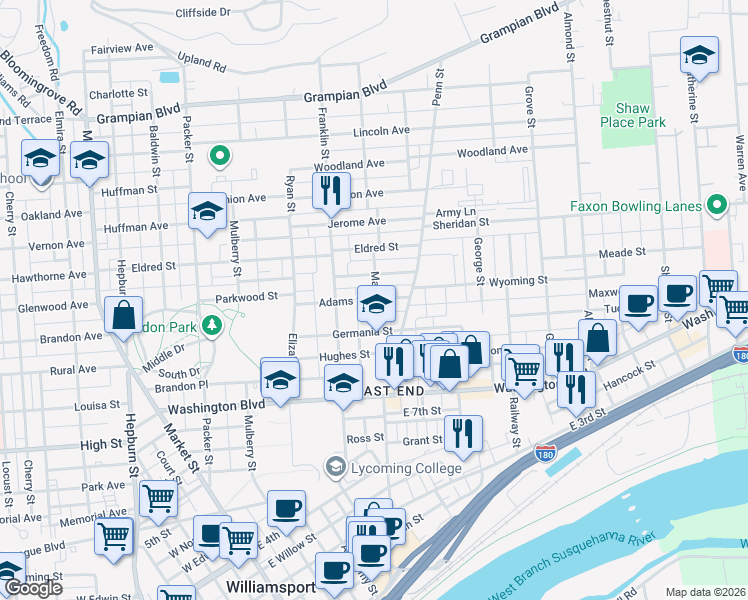 map of restaurants, bars, coffee shops, grocery stores, and more near 334 Adams Street in Williamsport