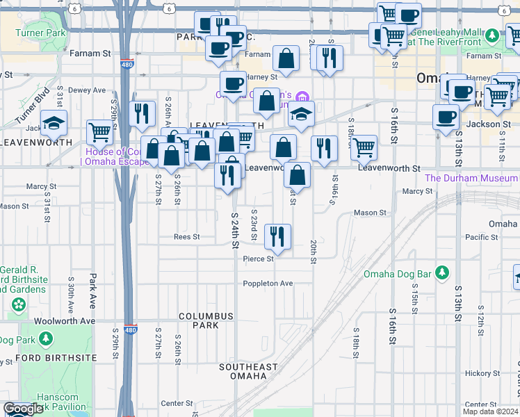 map of restaurants, bars, coffee shops, grocery stores, and more near 2215 Mason Street in Omaha