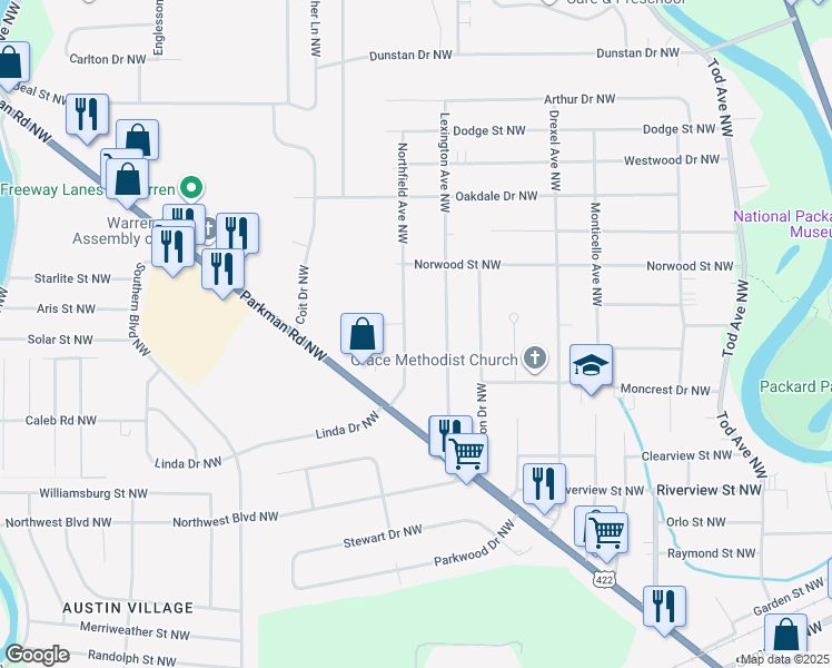 map of restaurants, bars, coffee shops, grocery stores, and more near 1862 Northfield Avenue Northwest in Warren