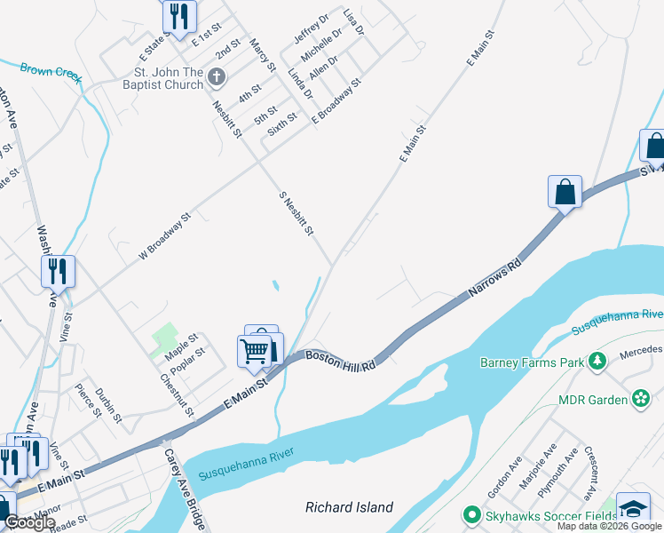 map of restaurants, bars, coffee shops, grocery stores, and more near 830 E Main St in Larksville