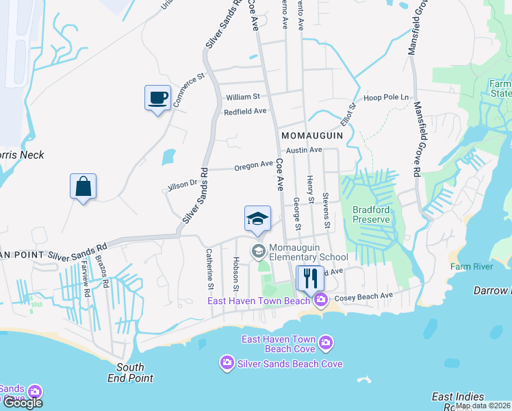 map of restaurants, bars, coffee shops, grocery stores, and more near 130 Coe Avenue in East Haven