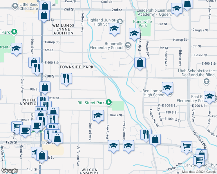 map of restaurants, bars, coffee shops, grocery stores, and more near 750 Liberty Avenue in Ogden