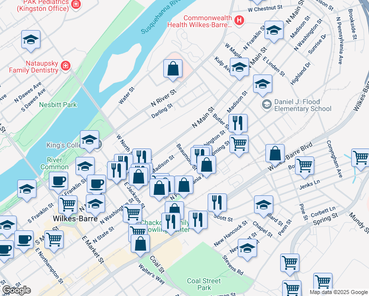 map of restaurants, bars, coffee shops, grocery stores, and more near 314 North Washington Street in Wilkes-Barre