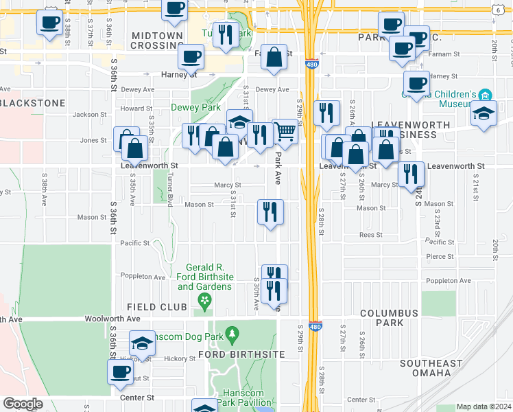 map of restaurants, bars, coffee shops, grocery stores, and more near in Omaha