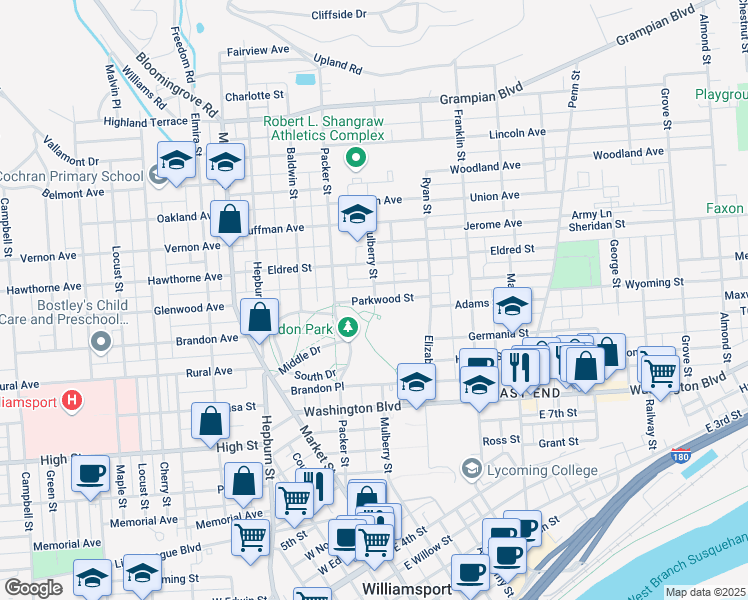 map of restaurants, bars, coffee shops, grocery stores, and more near 95 Parkwood Place in Williamsport