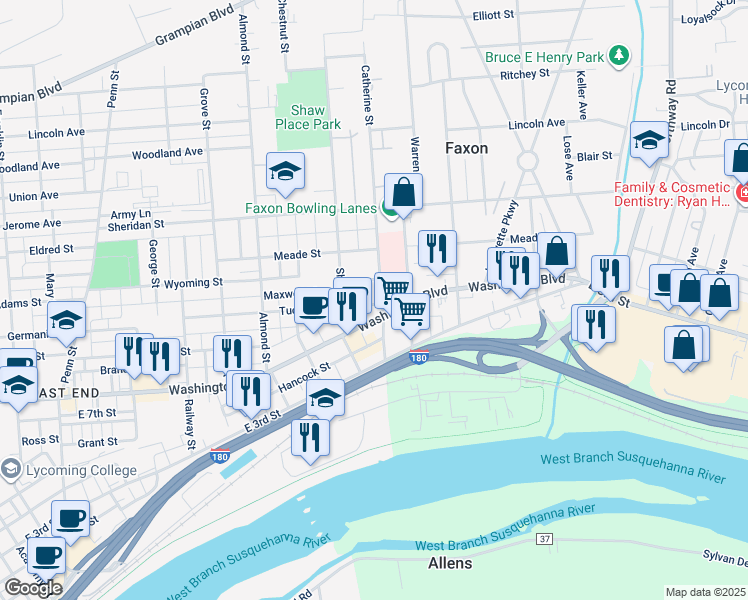 map of restaurants, bars, coffee shops, grocery stores, and more near 1129 Tucker Street in Williamsport