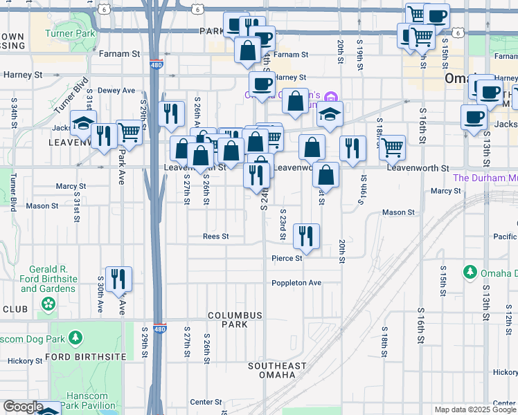 map of restaurants, bars, coffee shops, grocery stores, and more near 1024 South 24th Street in Omaha