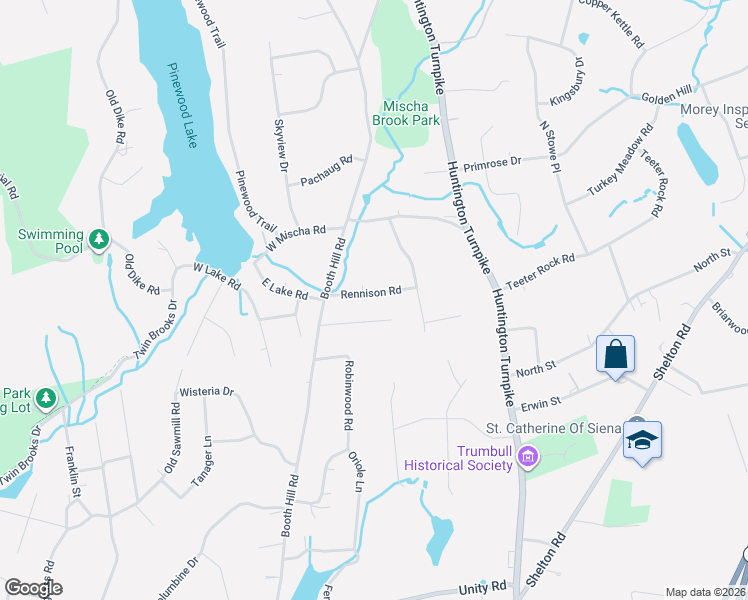 map of restaurants, bars, coffee shops, grocery stores, and more near 24 Rennison Road in Trumbull