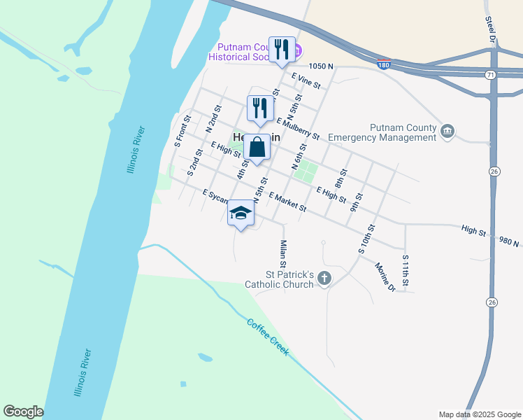 map of restaurants, bars, coffee shops, grocery stores, and more near 302 5th Street in Hennepin