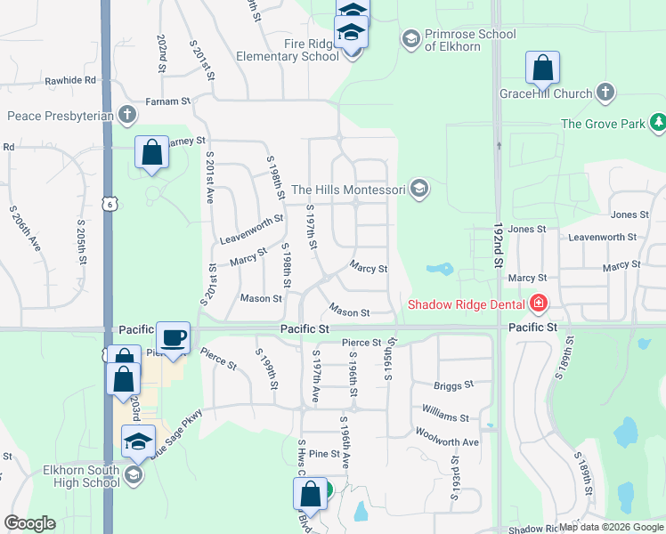 map of restaurants, bars, coffee shops, grocery stores, and more near 19639 Mayberry Street in Omaha