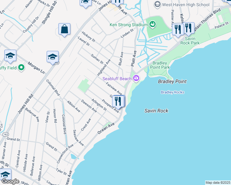 map of restaurants, bars, coffee shops, grocery stores, and more near 33 Grove Place in West Haven
