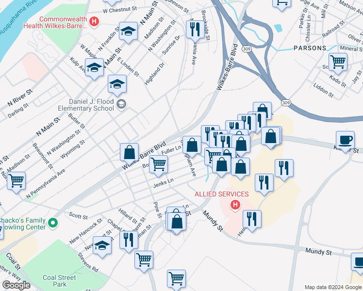 map of restaurants, bars, coffee shops, grocery stores, and more near 287 Bowman St in Wilkes-Barre