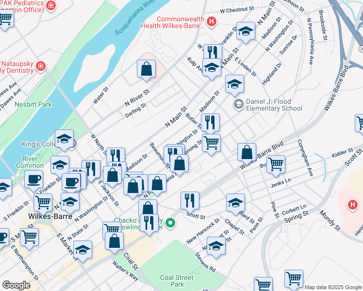 map of restaurants, bars, coffee shops, grocery stores, and more near 148 Wyoming Street in Wilkes-Barre