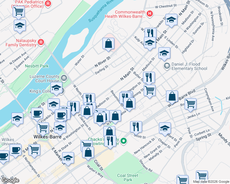 map of restaurants, bars, coffee shops, grocery stores, and more near 314 North Washington Street in Wilkes-Barre