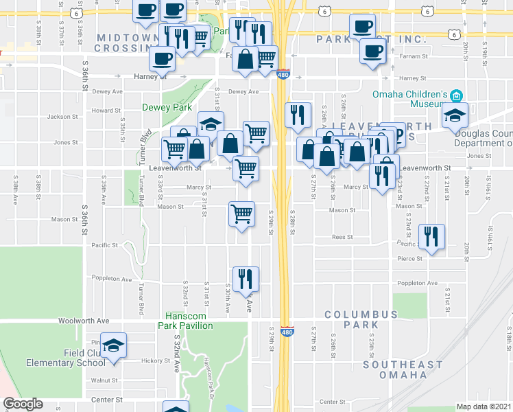 map of restaurants, bars, coffee shops, grocery stores, and more near 1022 South 29th Street in Omaha