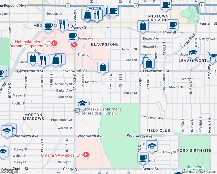 map of restaurants, bars, coffee shops, grocery stores, and more near 3863 Mason Street in Omaha