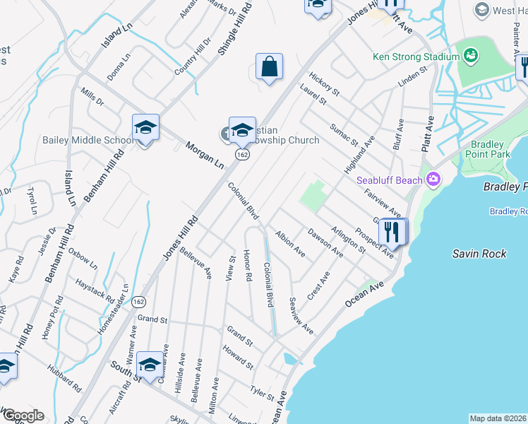 map of restaurants, bars, coffee shops, grocery stores, and more near 175 Colonial Boulevard in West Haven