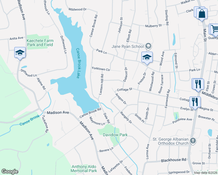 map of restaurants, bars, coffee shops, grocery stores, and more near 35 Aragon Drive in Trumbull