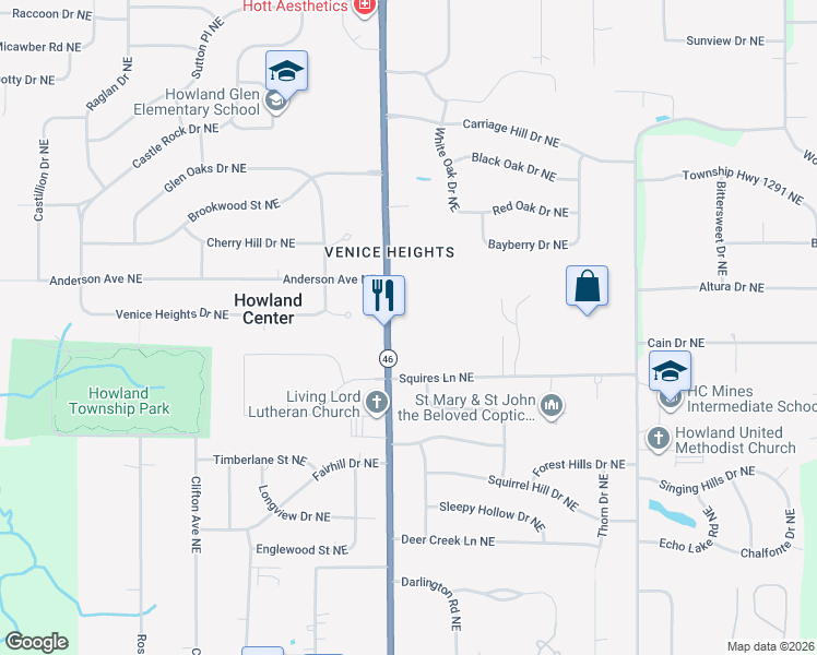 map of restaurants, bars, coffee shops, grocery stores, and more near 1064 Niles Cortland Road Northeast in Warren