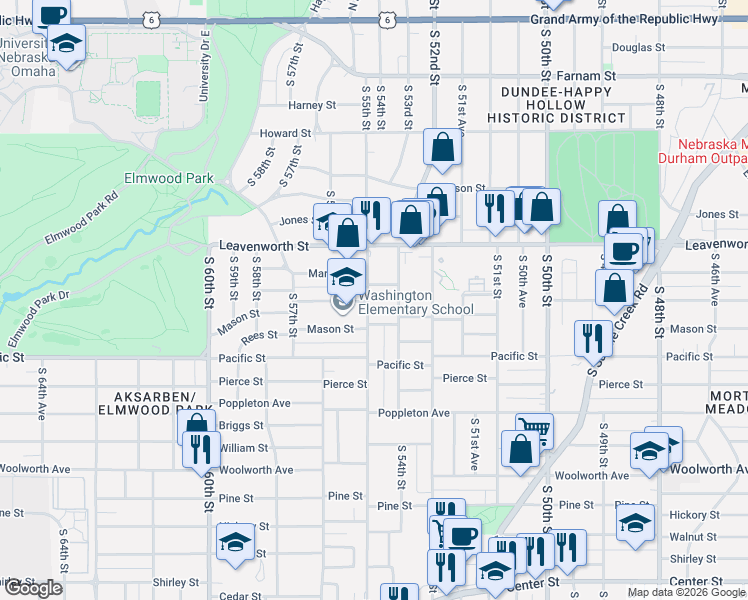 map of restaurants, bars, coffee shops, grocery stores, and more near 938 South 54th Street in Omaha