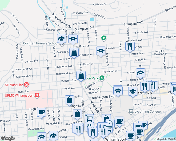 map of restaurants, bars, coffee shops, grocery stores, and more near 1000 Baldwin Street in Williamsport