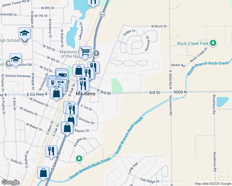 map of restaurants, bars, coffee shops, grocery stores, and more near 198 South Mcguire Street in Manteno