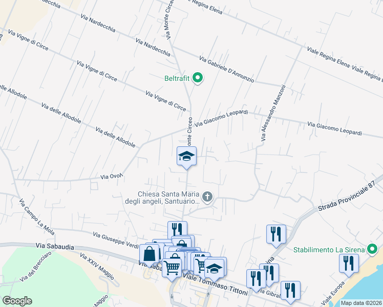 map of restaurants, bars, coffee shops, grocery stores, and more near 135 Via Monte Circeo in San Felice Circeo