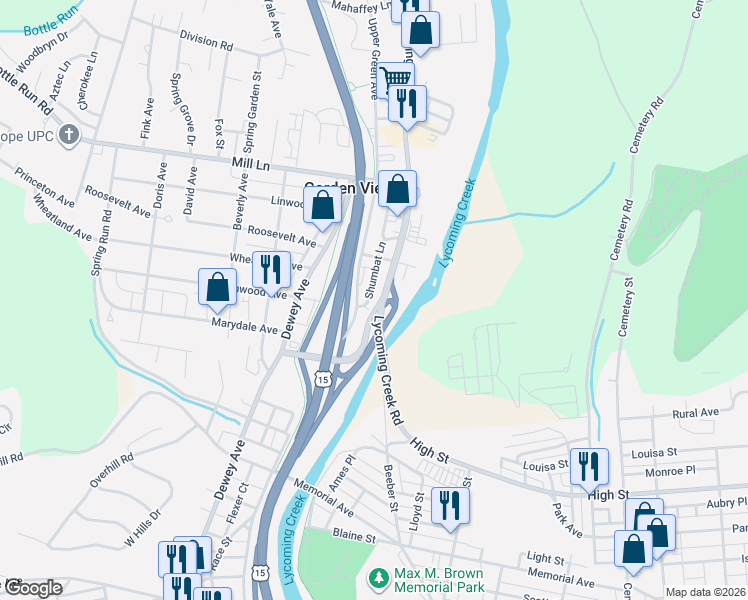 map of restaurants, bars, coffee shops, grocery stores, and more near Lycoming Creek Road in Williamsport