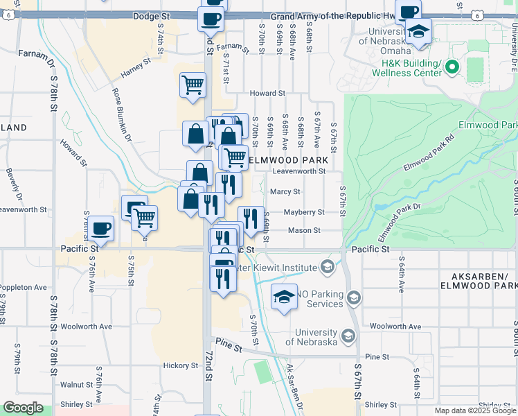 map of restaurants, bars, coffee shops, grocery stores, and more near 929 South 70th Plaza in Omaha