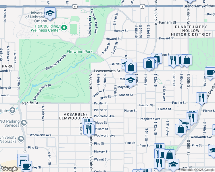 map of restaurants, bars, coffee shops, grocery stores, and more near 5721 Mayberry Street in Omaha