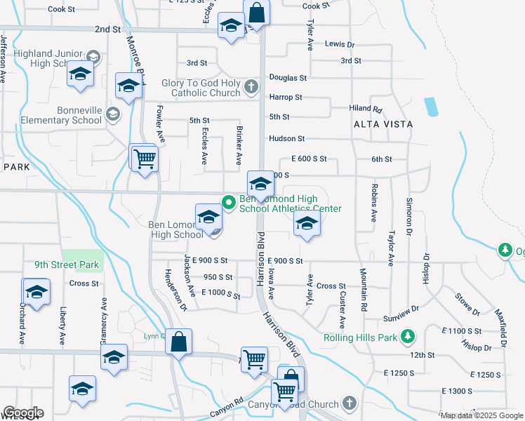 map of restaurants, bars, coffee shops, grocery stores, and more near 782 Harrison Boulevard in Ogden