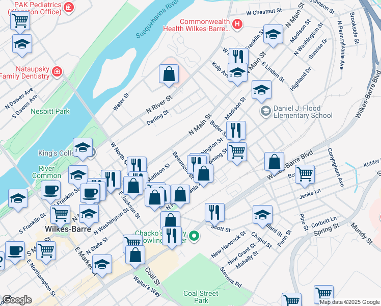 map of restaurants, bars, coffee shops, grocery stores, and more near 314 North Washington Street in Wilkes-Barre