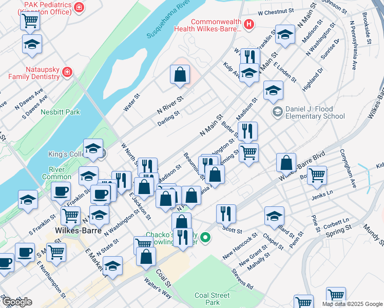 map of restaurants, bars, coffee shops, grocery stores, and more near 314 North Washington Street in Wilkes-Barre