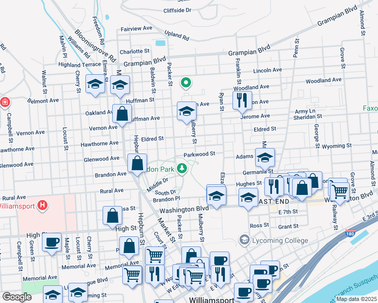 map of restaurants, bars, coffee shops, grocery stores, and more near 95 Parkwood Street in Williamsport