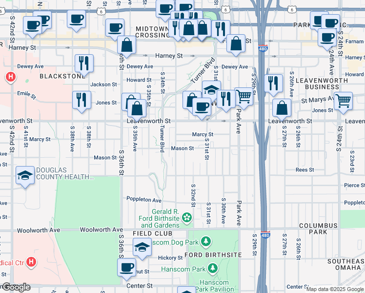 map of restaurants, bars, coffee shops, grocery stores, and more near 1015 South 33rd Street in Omaha