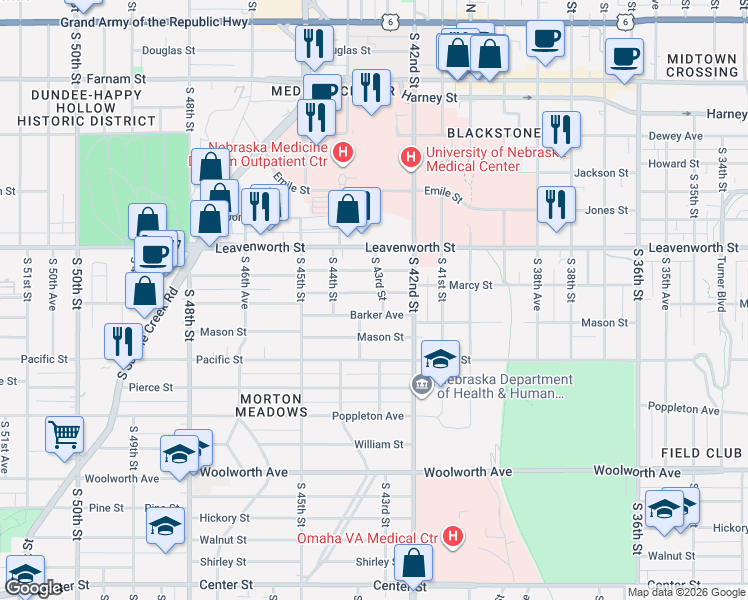 map of restaurants, bars, coffee shops, grocery stores, and more near 4305 Barker Avenue in Omaha