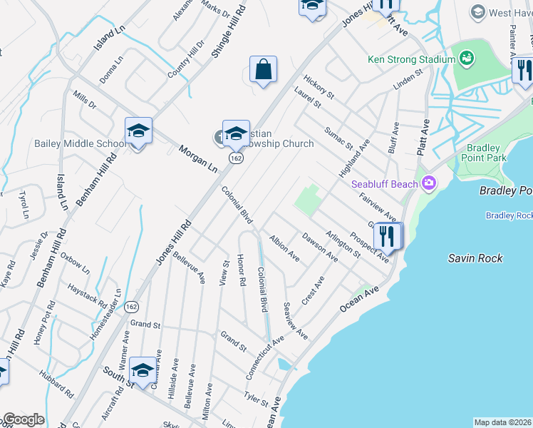 map of restaurants, bars, coffee shops, grocery stores, and more near 175 Colonial Boulevard in West Haven