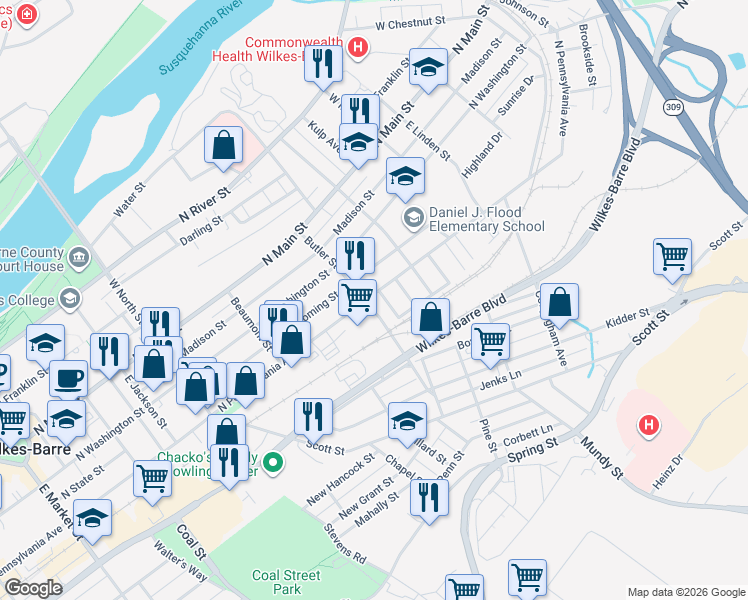 map of restaurants, bars, coffee shops, grocery stores, and more near 421 North Pennsylvania Avenue in Wilkes-Barre