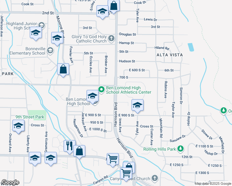 map of restaurants, bars, coffee shops, grocery stores, and more near 742 Harrison Boulevard in Ogden