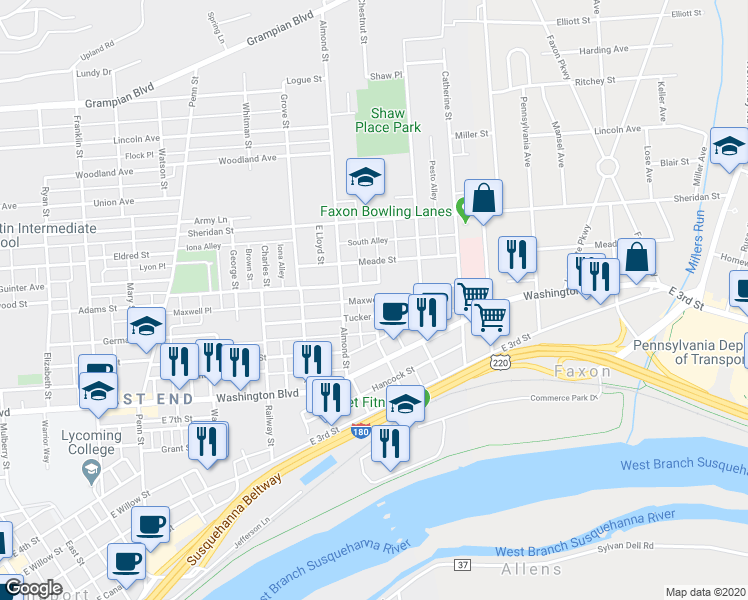 map of restaurants, bars, coffee shops, grocery stores, and more near 1099 Chestnut Street in Williamsport