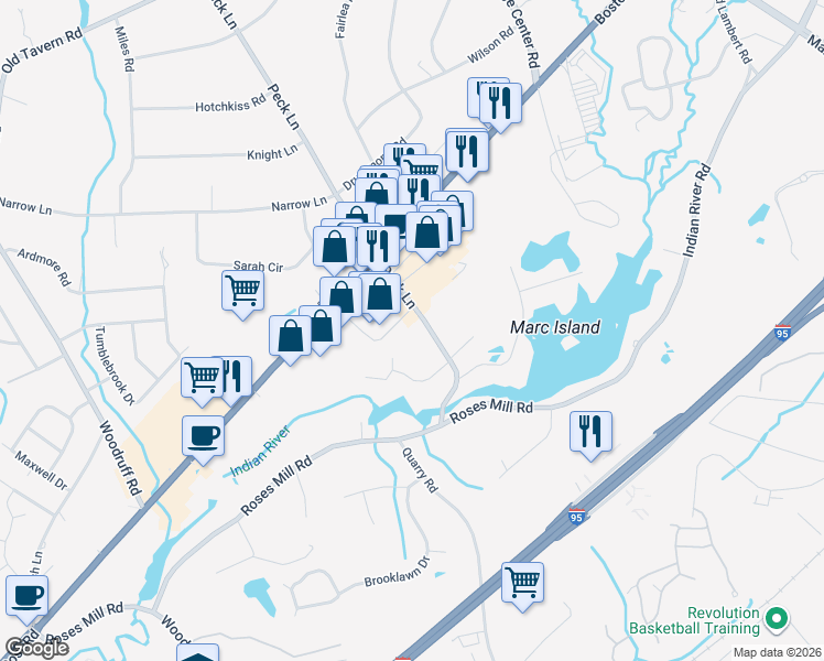 map of restaurants, bars, coffee shops, grocery stores, and more near 5 Claudia Drive in Milford
